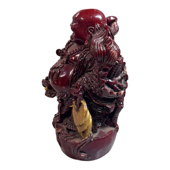 Laughing Buddha Figurine Dragon Gold Coin Red Glaze Resin Feng Shui Wealth READ - Picture 2 of 11